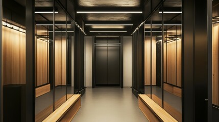 Fototapeta premium Modern elevator interior with sleek wood and mirrored design.