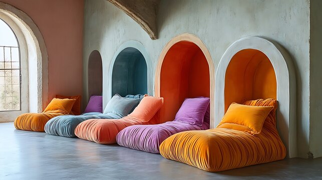 Colorful Velvet Loungers in Arched Niches