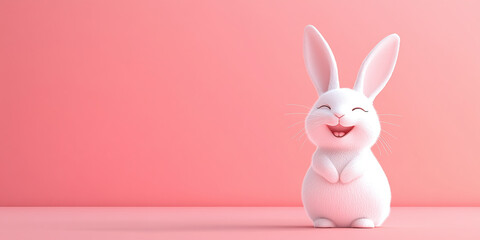 Adorable white bunny smiling cheerfully while standing on a solid pink background, conveying a playful and joyful mood with minimalistic design.