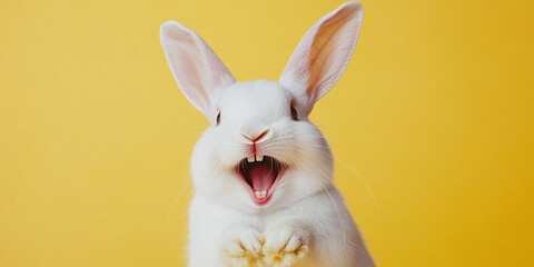 Obraz premium White bunny with an open mouth and playful expression against a bold yellow background, creating a vibrant and energetic design.