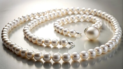 Luxury pearl necklaces, earrings, and bracelets.  Minimalist photography highlights stunning bridal and elegant designs.