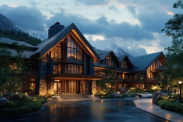 A luxurious alpine resort with dark wood accents, slanted roofs, and expansive glass facades