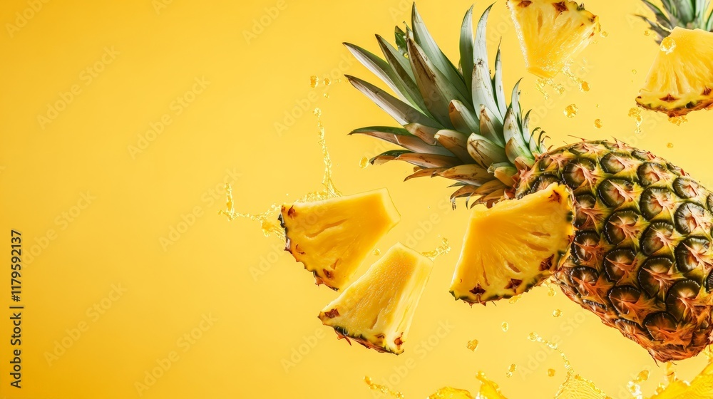 Aufkleber ripe pineapple slices and whole pineapple levitating on a vibrant yellow background, surrounded by s