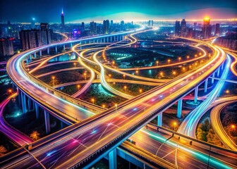 Fototapeta premium Futuristic Aerial View of Digital Highway: Glowing Data Streams & Network Connections