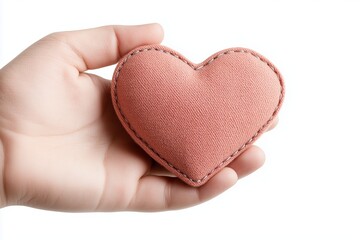 Fototapeta premium A pink heart-shaped fabric ornament carefully held in a human hand. The stitching around the edges highlights its handcrafted design, creating a cozy and sentimental atmosphere.