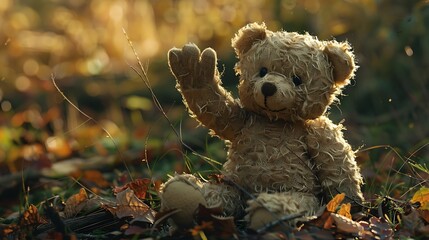 At dawn an amiable teddy bear waves goodbye