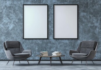 Living space with blank vertical frames, grey armchairs, coffee table, and minimal decor.