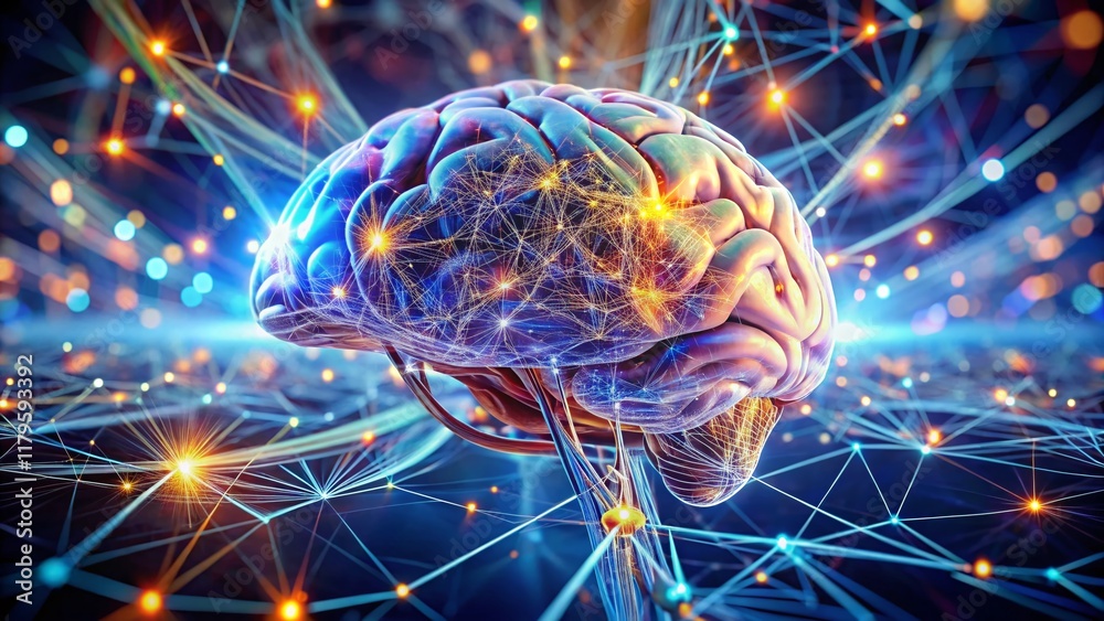 Poster futuristic brain-computer interface: abstract 3d render of neural connections