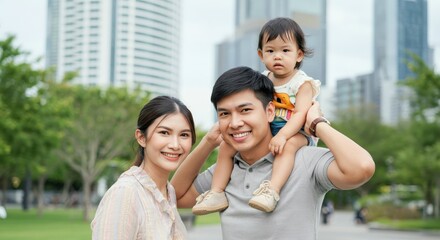 Fototapeta premium Happy asian family with child enjoying urban park outdoors for leisure and bonding