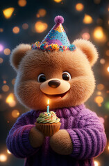 cheerful bear character wearing party hat holds cupcake with candle, surrounded by colorful bokeh lights. This festive scene captures joy of celebration