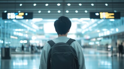 Fototapeta premium Back View of Asian Man Tourist in Modern Airport with Clear Copyspace, Soft Blue Lighting, Walking Towards Departure Boards, Comfortable Atmosphere