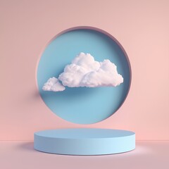 Romantic blank mockup and beauty products valentine. Floating cloud in a circular frame against a pastel background creates a serene atmosphere.
