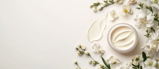 Portrait of middle-aged woman applying moisturizing cream on her face surrounded by white flowers and empty copyspace for beauty and skincare concepts