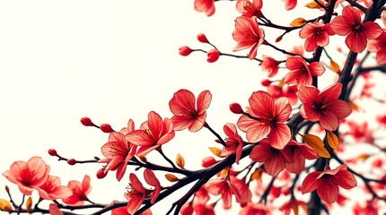 Delicate cherry blossom branches adorned with vibrant pink flowers against a clean white background