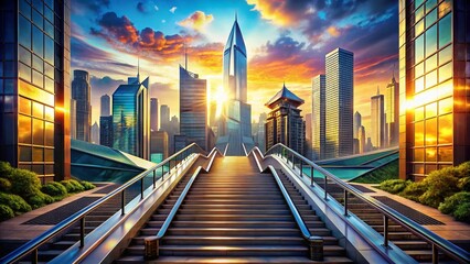 Futuristic Cityscape Steps Leading to Success, Aerial View - Conquering Heights