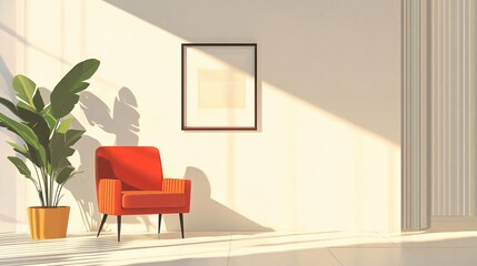 Sunlit Minimalist Interior with Red Armchair and Plant