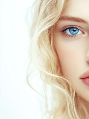 Fototapeta premium close-up of beautiful young blonde woman with blue eyes and wavy hair on white background ideal for text placement and commercial use