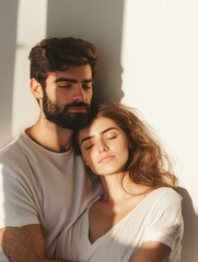 Obraz premium tender young couple embracing in warm sunshine with soft shadows highlighting their features against a minimalist light background