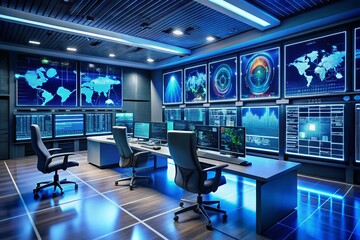 Futuristic Cybersecurity Control Room: AI Threat Detection & Data Analytics