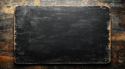 High-resolution top view of a vintage black chalkboard with slightly worn edges, offering a clean and versatile background with no text or symbols for creative use.