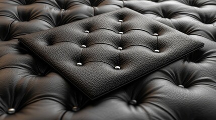 Fototapeta premium Black leather tufted upholstery sample on textured background, design element, furniture industry.