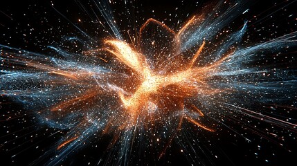 Abstract cosmic explosion with orange and blue particles.