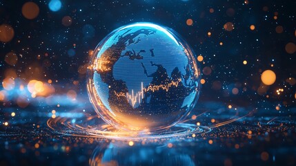 Futuristic Blue Globe with Financial Data Visualization at Night