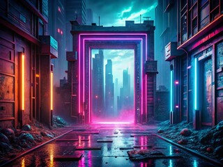 Obraz premium Futuristic Doorway: Cyberpunk Cityscape, Neon Lights, Pixel Art, Quantum Gateway