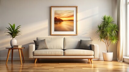 Modern living room showcases a long exposure photo, elegantly framed in rich brown wood.