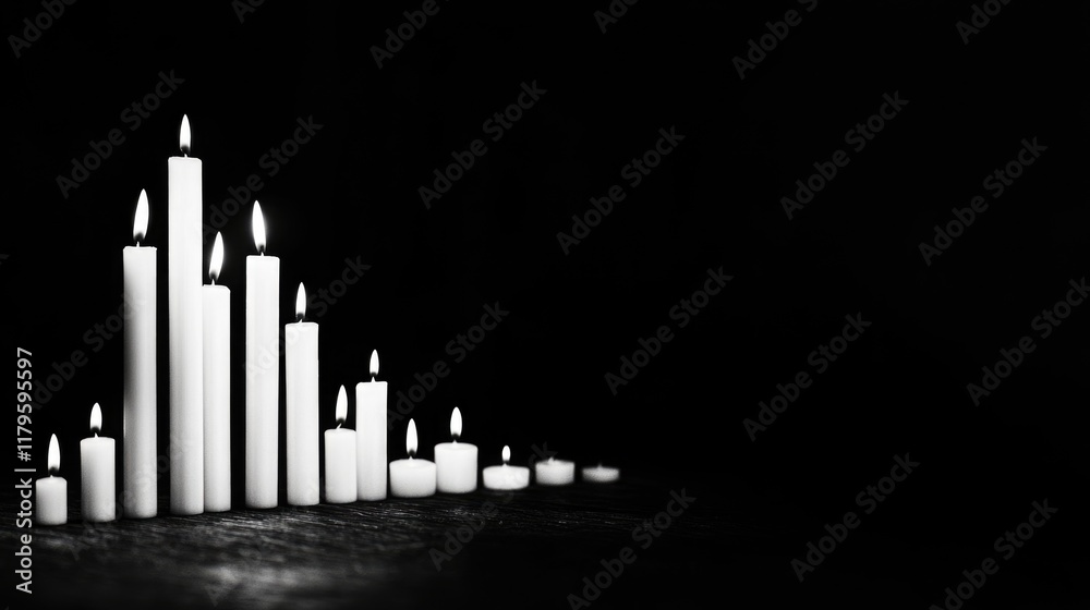 Poster candlestick graph representation with tall white candles and small round candles arranged in a dark 