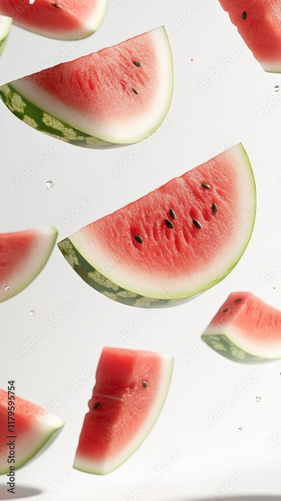 Poster several slices of fresh, ripe watermelon with black seeds are levitating against a clean white backg