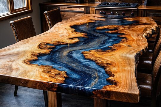 luxurious handcrafted wooden table with swirling blue epoxy resin river premium furniture design with natural wood grain and metallic accents