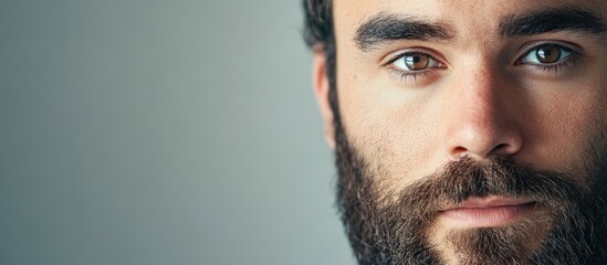 Obraz premium Close-up portrait of a young adult bearded man with deep brown eyes against a soft gray background featuring blank space for text
