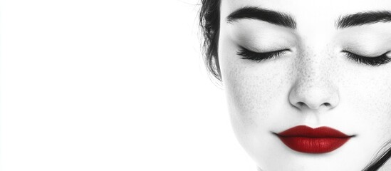 Obraz premium Close-up of a joyful, woman with flawless makeup, closed eyes, and bold red lips against a white background, perfect for beauty or skincare concepts.