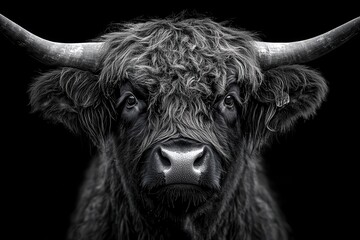 majestic highland cattle portrait in dramatic black and white close-up of long-horned scottish cow with detailed fur texture in moody natural light