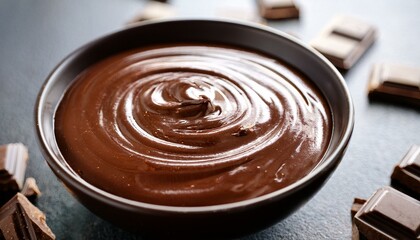 decadent bowl of rich creamy melted chocolate surrounded by chocolate pieces creating a delicious and indulgent dessert concept