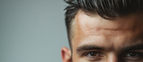 Naklejka premium Closeup of stylish short haircut on young adult man with textured dark hair against soft grey background highlighting facial features and eyes