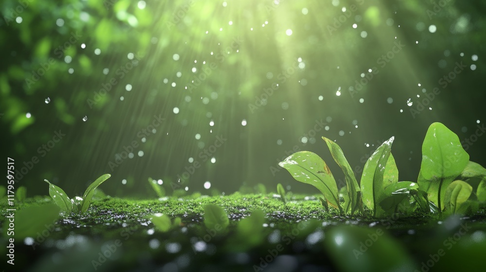 Poster sunlight filters through the canopy, illuminating falling raindrops as they nourish moss and small p