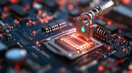 Intricate Computer Chip Secured with Lock Symbolizing Advanced Technology and Cybersecurity in a Modern Digital Environment
