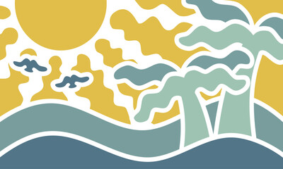 Naklejka premium boho groovy palm tree beach sun sea. Surf club vacation and sunny summer day aesthetic . Vector illustration background in trendy retro naive simple style.