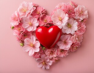 a red heart is surrounded by pink flowers on a soft pink background
