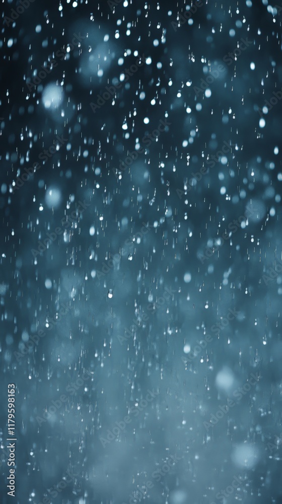 Aufkleber rain falling gently, creating ripples, drops, and bubbles on a dark water surface, while a blurred b