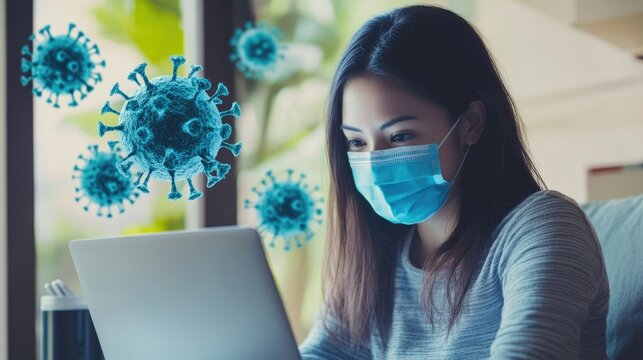 Asian woman wearing a blue surgical mask working from home on a laptop during a video call, surrounded by digital coronavirus icons, representing quarantine and social distancing concepts. - Powered by Adobe