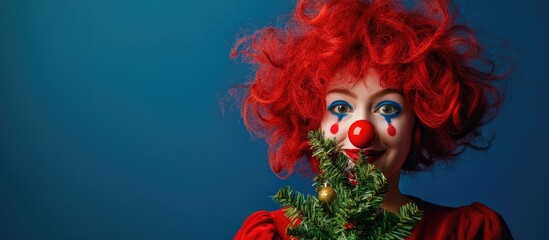 Whimsical child clown with red wig and Christmas ball nose joyfully holds a festive Christmas tree against a blue background celebrating holiday cheer.