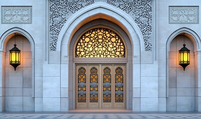 Obraz premium Ornate Islamic architecture entrance with arched doorway, intricate carvings, and glowing lanterns.