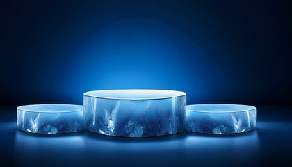 exhibition podium formed of ice with a dark blue background