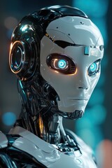 Sci-fi robot poster, detailed android designs, metallic textures, and glowing LED eyes against a futuristic grid