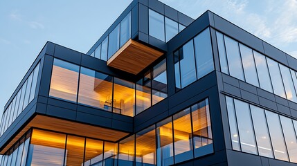 Modern glass office building at dusk.