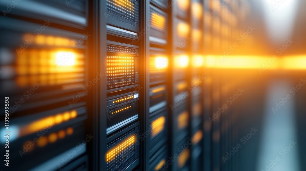 Poster high-tech server room featuring multiple rack-mounted servers with bright led indicators and organiz