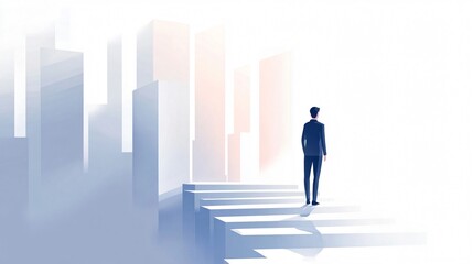 Fototapeta premium Ambitious businessman standing on steps, looking towards city skyline. Concept of career growth, future goals, and success journey.